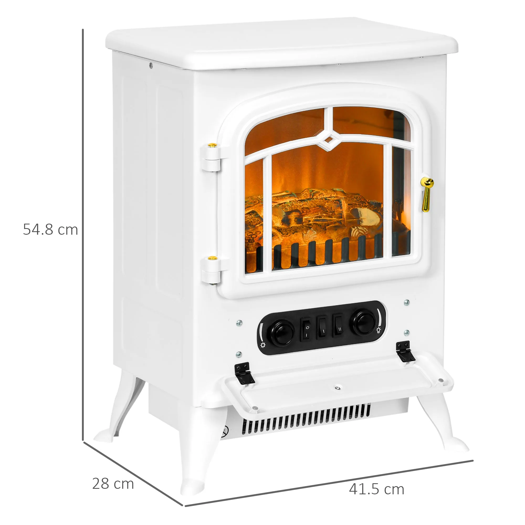 HOMCOM Freestanding Electric Fireplace Indoor Heater Glass View Log Wood Burning Effect Flame Portable Fireplace Stove 950/1850W White