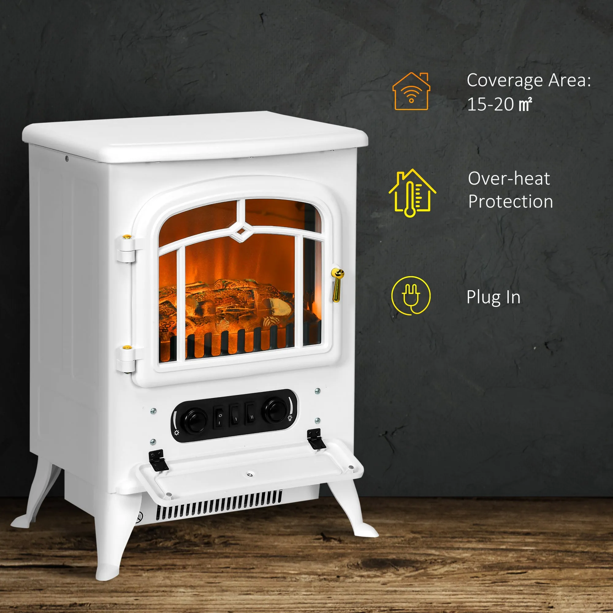 HOMCOM Freestanding Electric Fireplace Indoor Heater Glass View Log Wood Burning Effect Flame Portable Fireplace Stove 950/1850W White