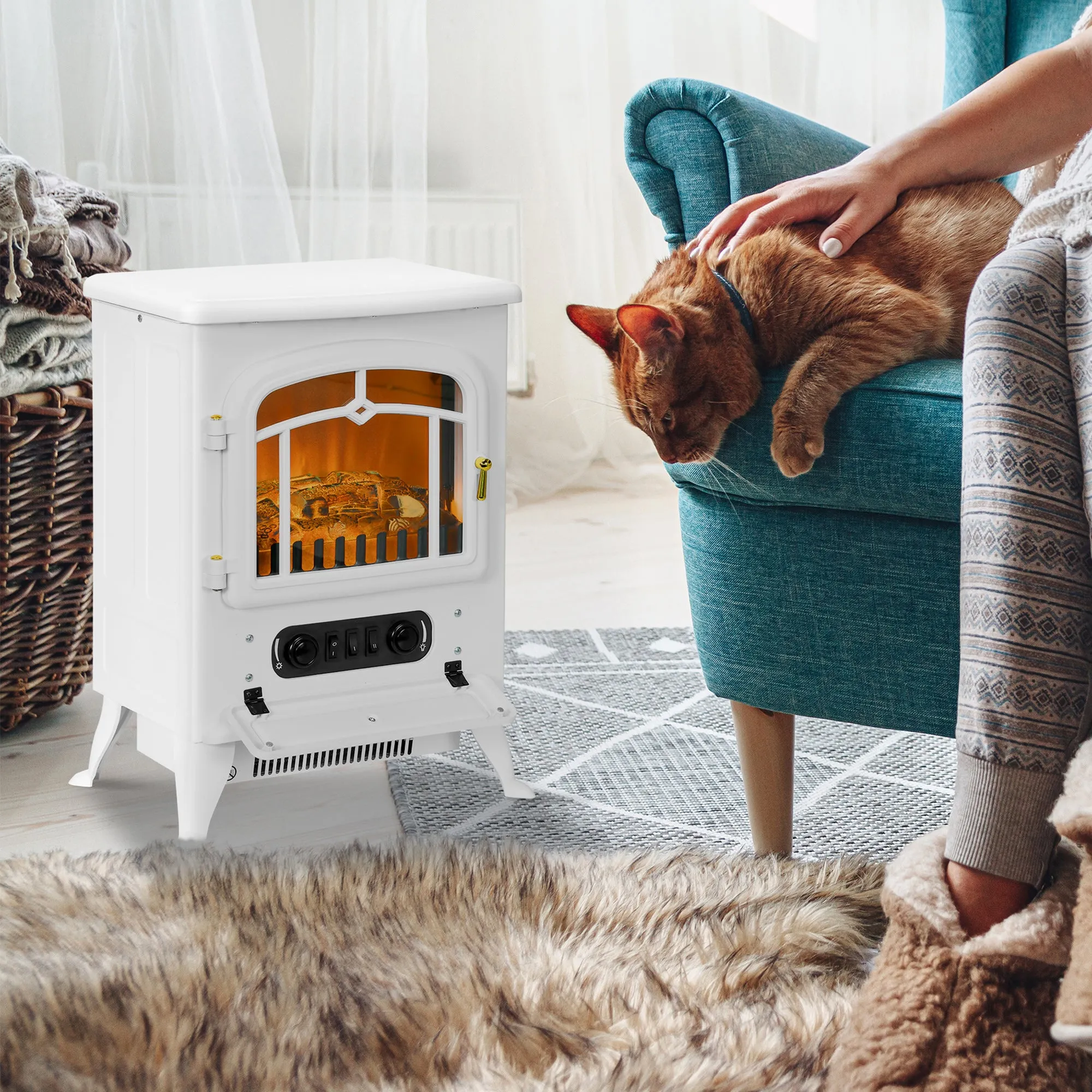 HOMCOM Freestanding Electric Fireplace Indoor Heater Glass View Log Wood Burning Effect Flame Portable Fireplace Stove 950/1850W White