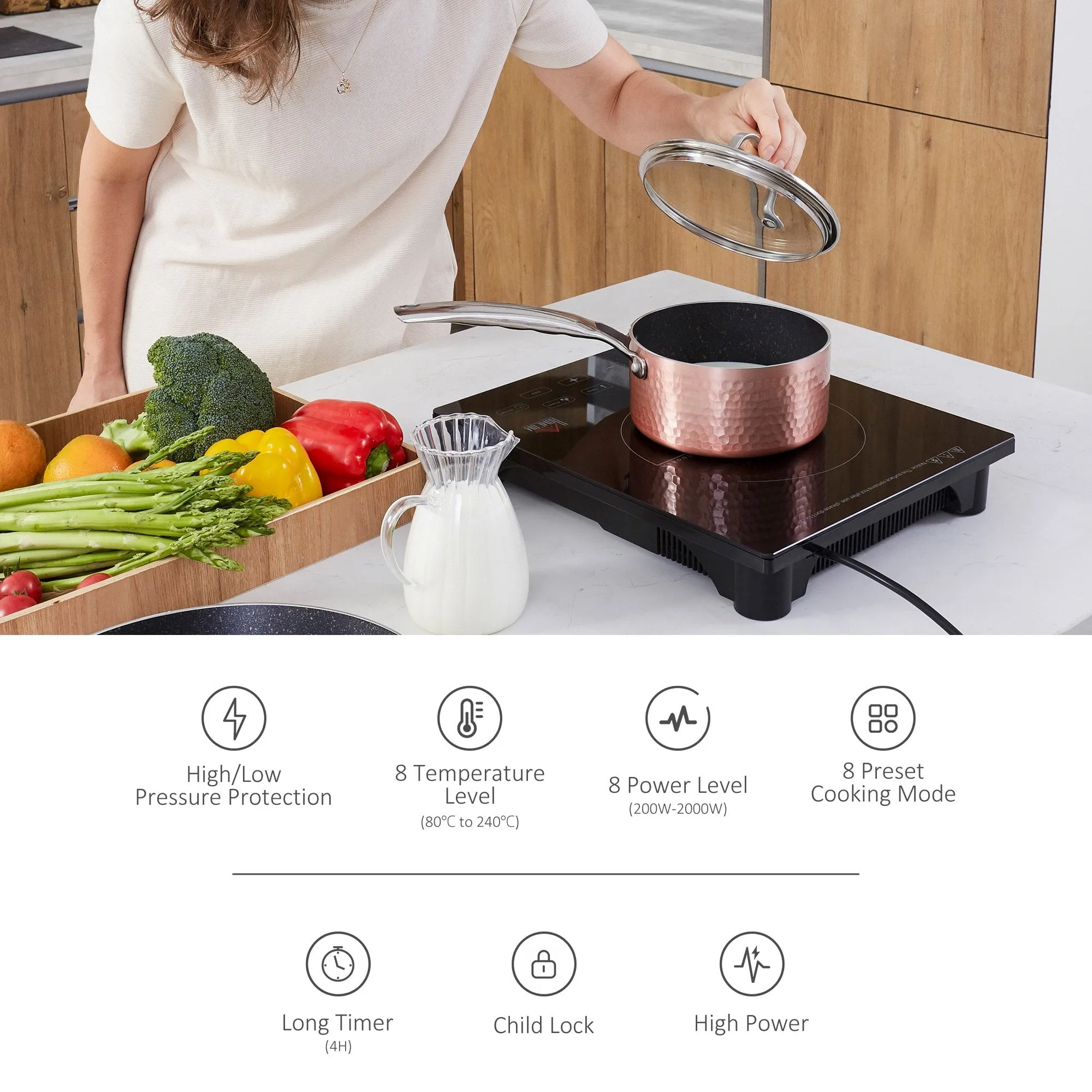 HOMCOM Induction Hob Portable Induction Cooker 2000W Single Hot Plate Electric Cooktop with 8 Power & Temperature Levels 4H Timer Child Lock Sensor Touch LED Display Ceramic Glass Panel