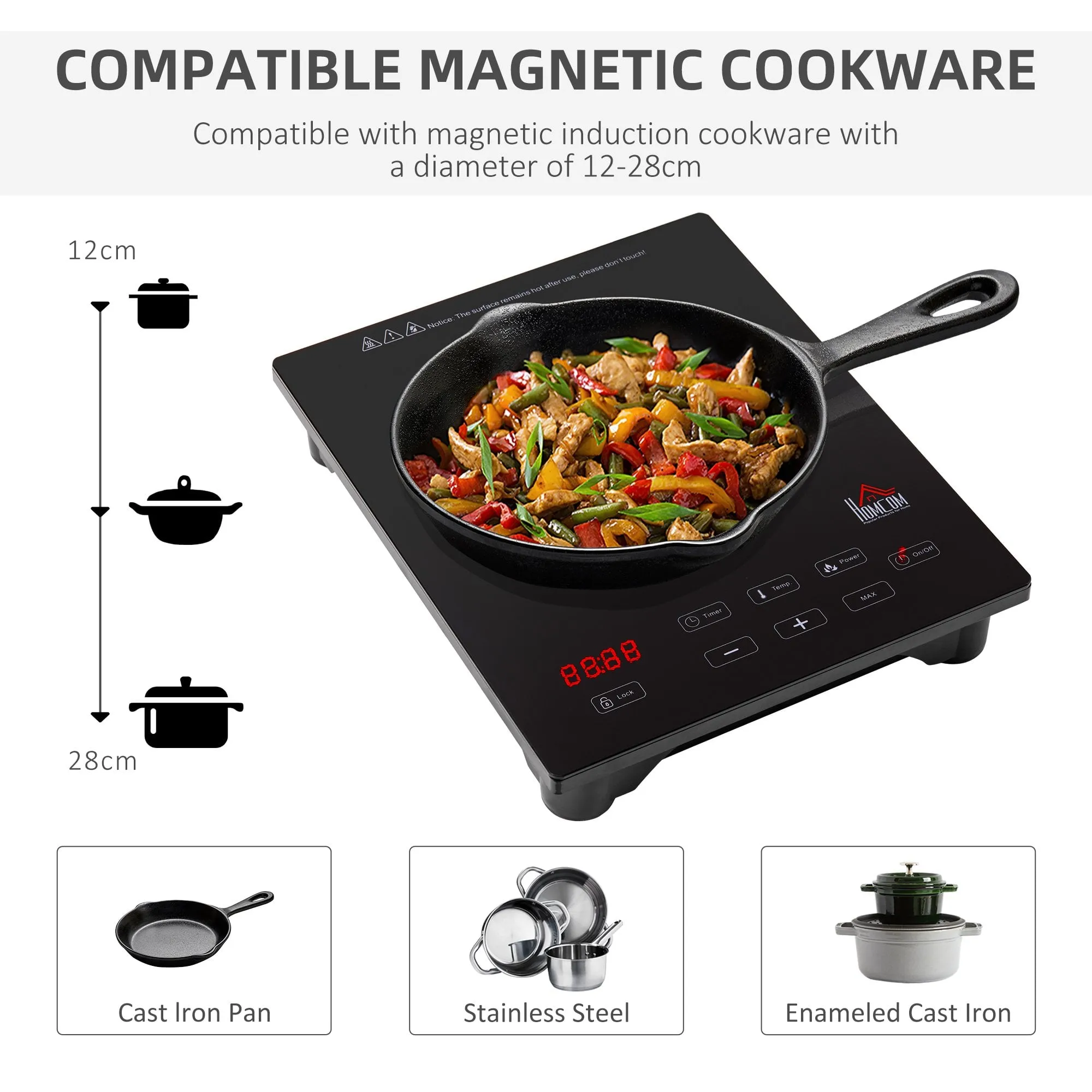 HOMCOM Induction Hob Portable Induction Cooker 2000W Single Hot Plate Electric Cooktop with 8 Power & Temperature Levels 4H Timer Child Lock Sensor Touch LED Display Ceramic Glass Panel