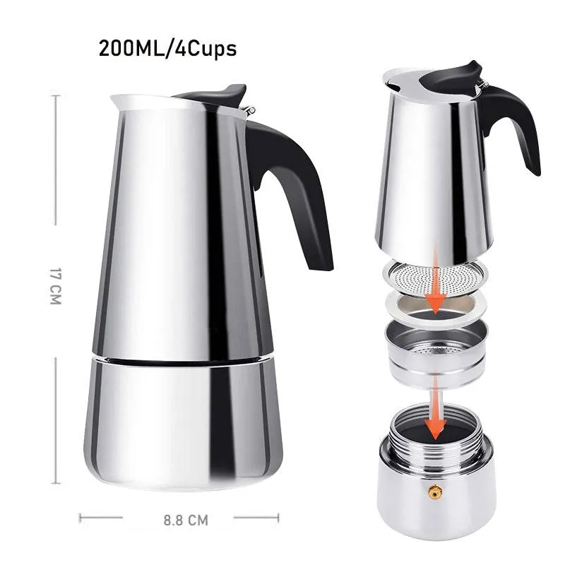 Italian Hand-Pushed Stainless Steel Mocha Coffee Pot – Premium Quality Espresso Maker