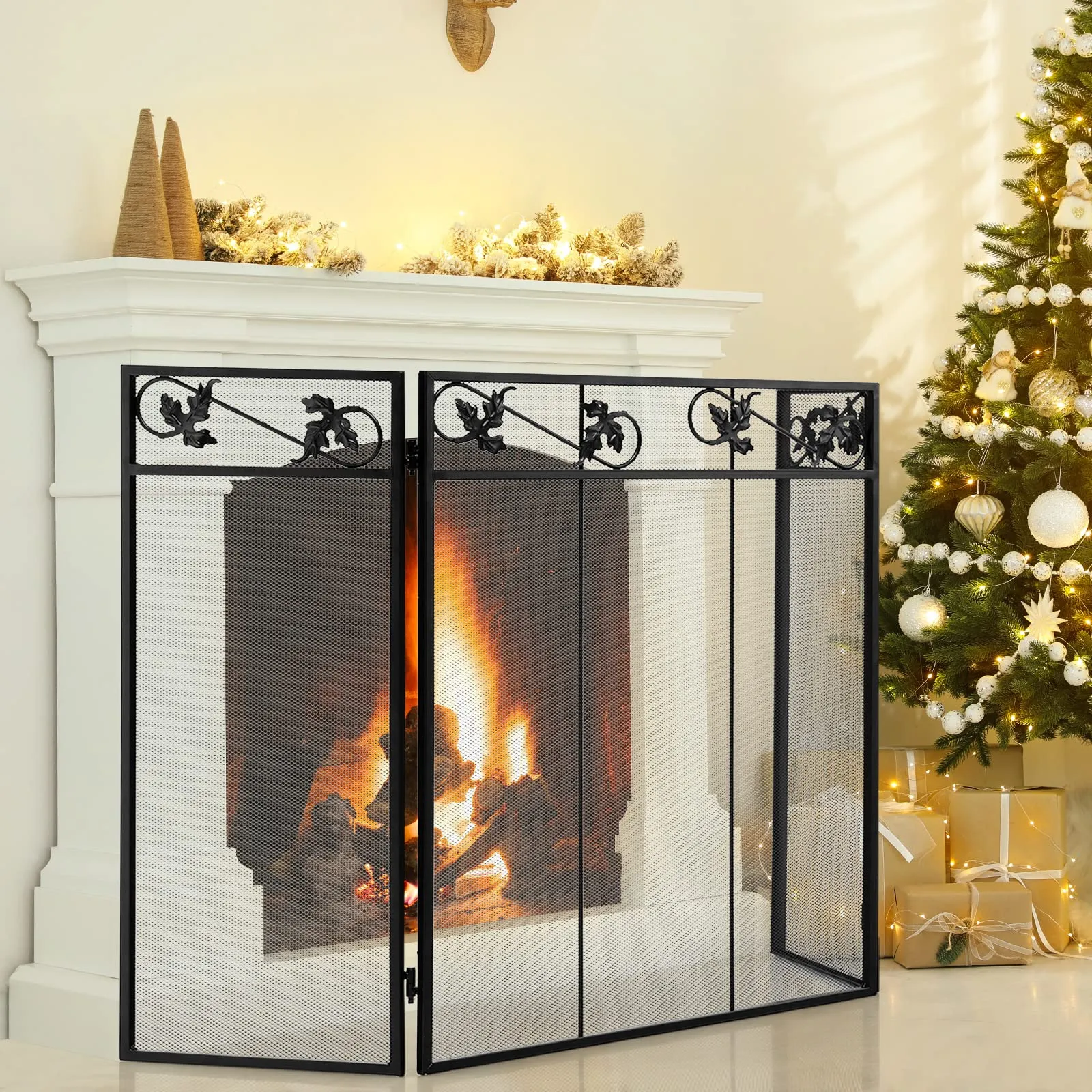 Tangkula 3-Panel Fireplace Screen, Folding Decorative Spark Guard with Exquisite Pattern for Baby & Pets