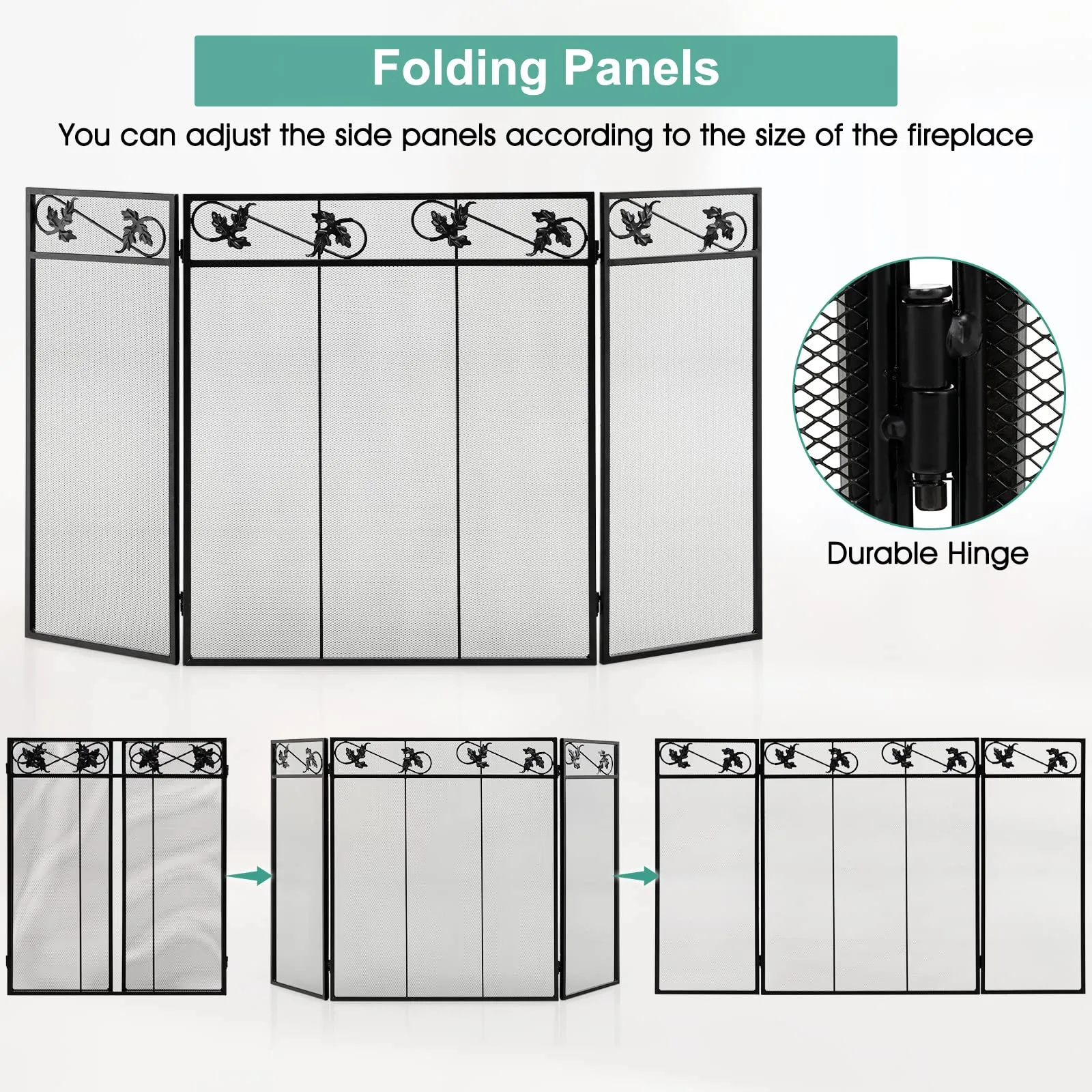 Tangkula 3-Panel Fireplace Screen, Folding Decorative Spark Guard with Exquisite Pattern for Baby & Pets