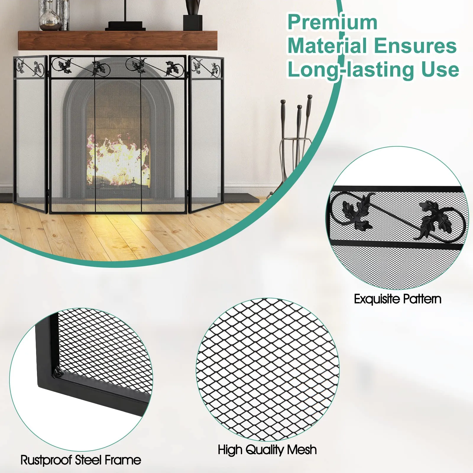 Tangkula 3-Panel Fireplace Screen, Folding Decorative Spark Guard with Exquisite Pattern for Baby & Pets