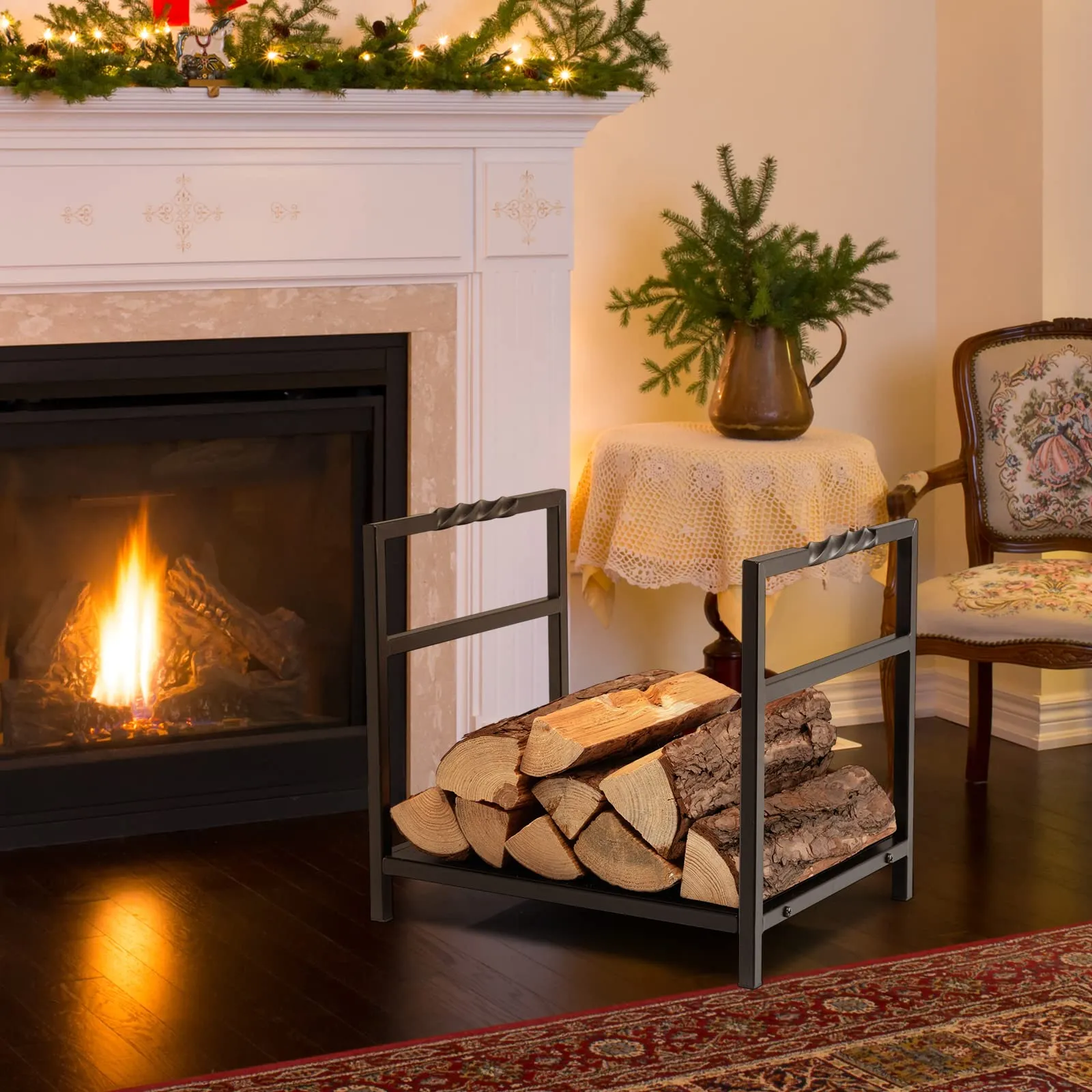Tangkula Firewood Log Rack, Heavy Duty Firewood Holder with Unique Handle and Raised Feet