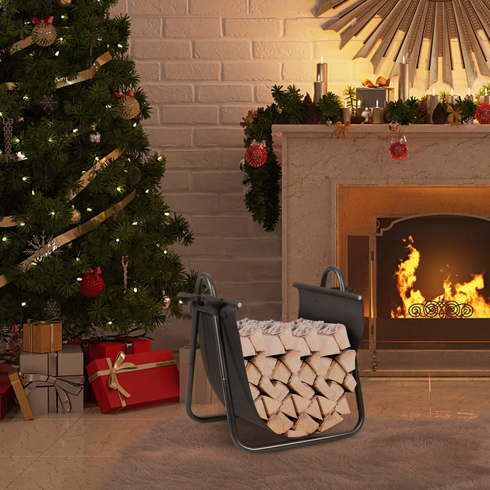 Tangkula Firewood Rack Holder with Canvas Carrier, Firewood Logs Stacker Basket for Indoor or Outdoor Use