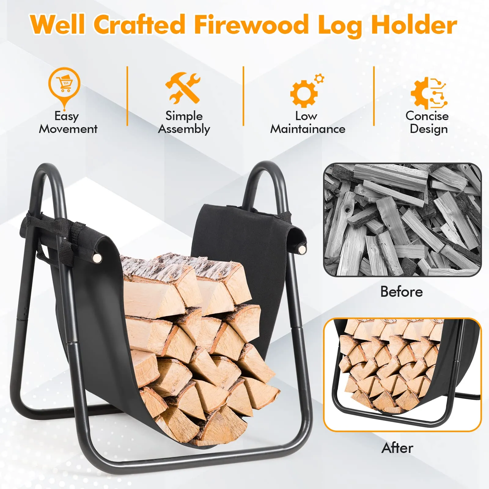 Tangkula Firewood Rack Holder with Canvas Carrier, Firewood Logs Stacker Basket for Indoor or Outdoor Use